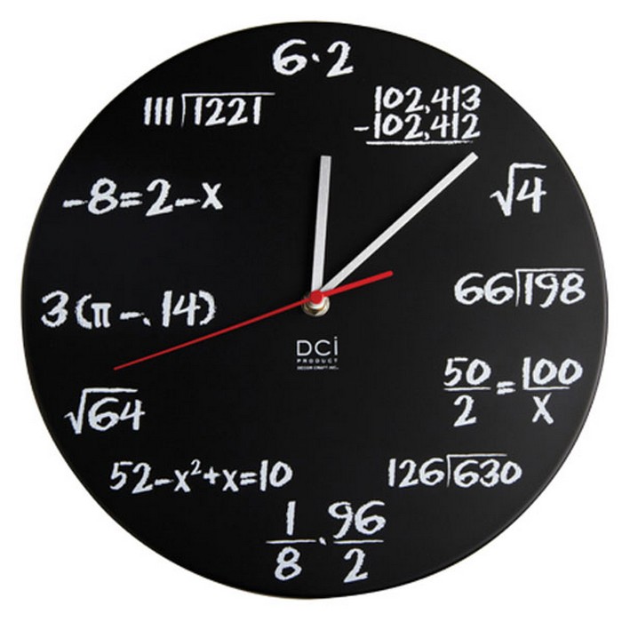 Black wall clock with mathematical formulas in place of numbers.